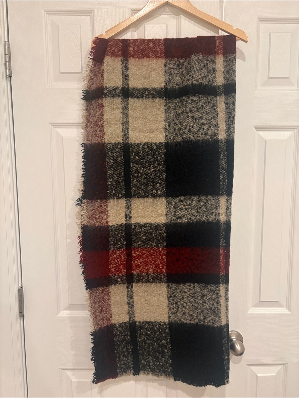 Zara Plaid Fringe Scarf in Cream, Black & Red